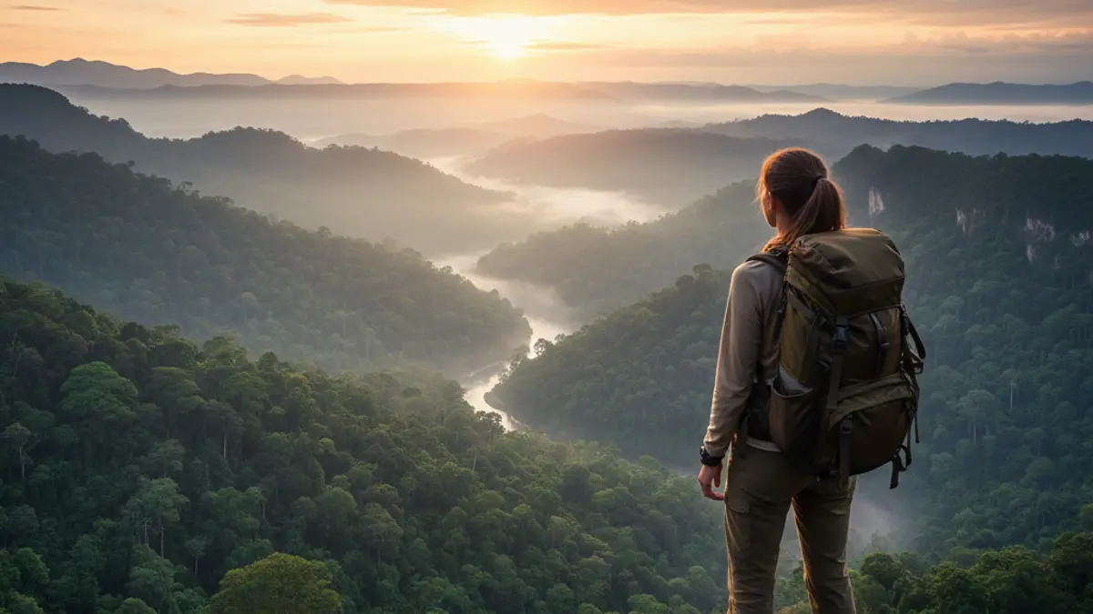 Backpacking-Rucksack mit Blick auf ein nebliges Dschungeltal bei Sonnenaufgang, Symbol für das Abenteuer des Alleinreisens als Frau.