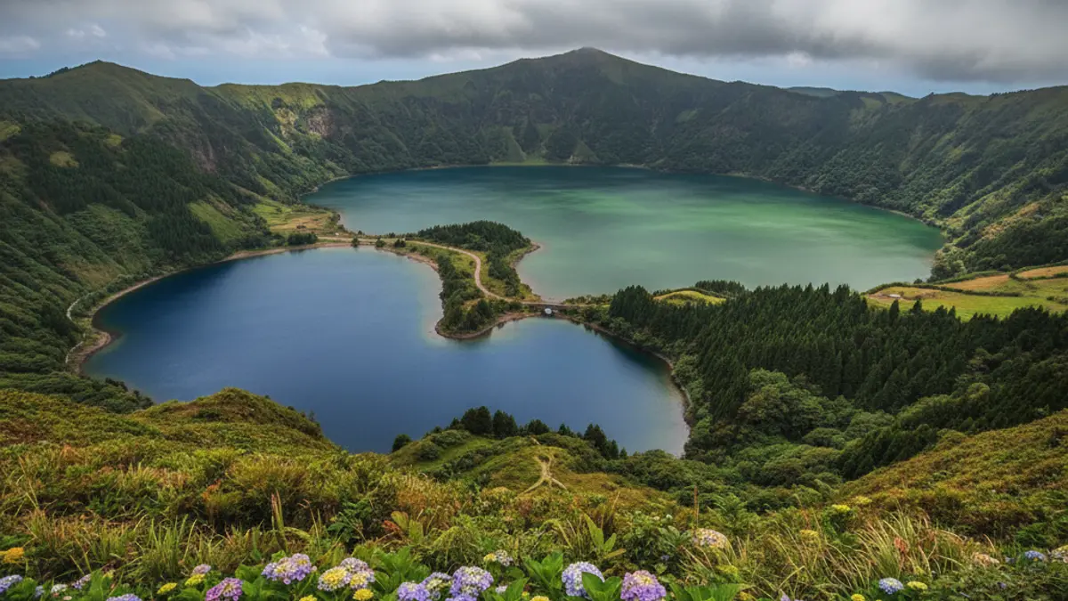 Blick von oben auf die Kraterseen von Sete Cidades auf der Azoren-Insel São Miguel, umgeben von üppig grüner Vegetation und Hortensien.