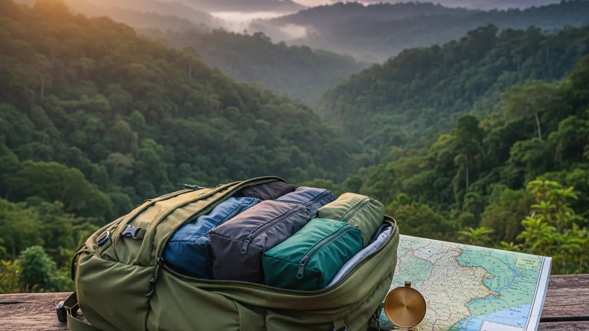Ein für eine Dschungeltour gepackter Trekking-Rucksack lehnt an einem Farn im nebligen Regenwald.