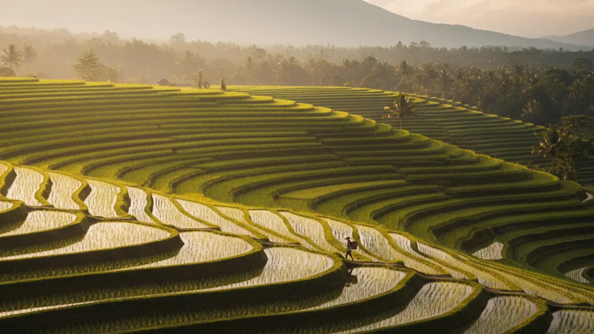 Weitläufige, saftig grüne Jatiluwih Reisterrassen auf Bali bei Sonnenaufgang mit nebligen Bergen im Hintergrund.