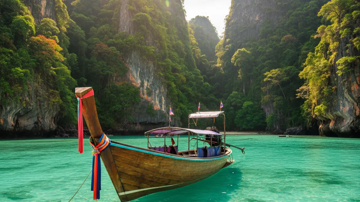 Ein thailändisches Longtail-Boot in einer Bucht mit türkisblauem Wasser vor einer beeindruckenden Felskulisse an der Andamanensee.