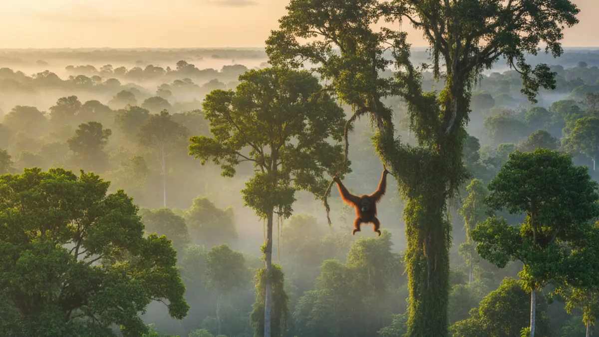 Ein wilder Orang-Utan klettert bei Sonnenaufgang durch die Baumkronen des dichten, nebligen Regenwaldes auf Borneo.