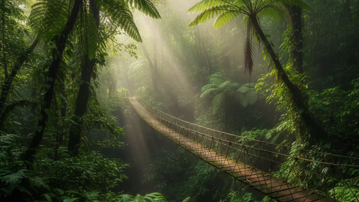 Eine Hängebrücke führt tief in den nebligen, üppig grünen Regenwald von Monteverde in Costa Rica und symbolisiert das Abenteuer.