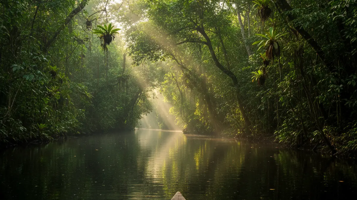 Blick von einem kleinen Boot auf einen schmalen, von dichtem grünen Dschungel umgebenen Seitenarm des Amazonas.