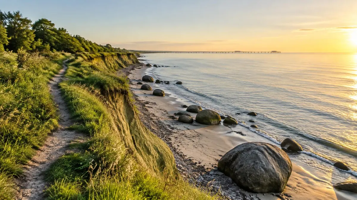 Die lange Seebrücke von Grömitz ragt bei Sonnenuntergang in die ruhige Ostsee, am Ende ist die charakteristische Tauchgondel zu erkennen.