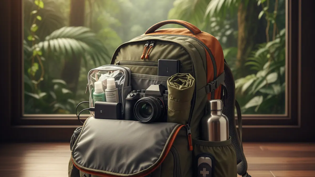 Sorgfältig gepackter Handgepäck-Rucksack mit Packing Cubes, im Hintergrund eine unscharfe, tropische Dschungellandschaft.