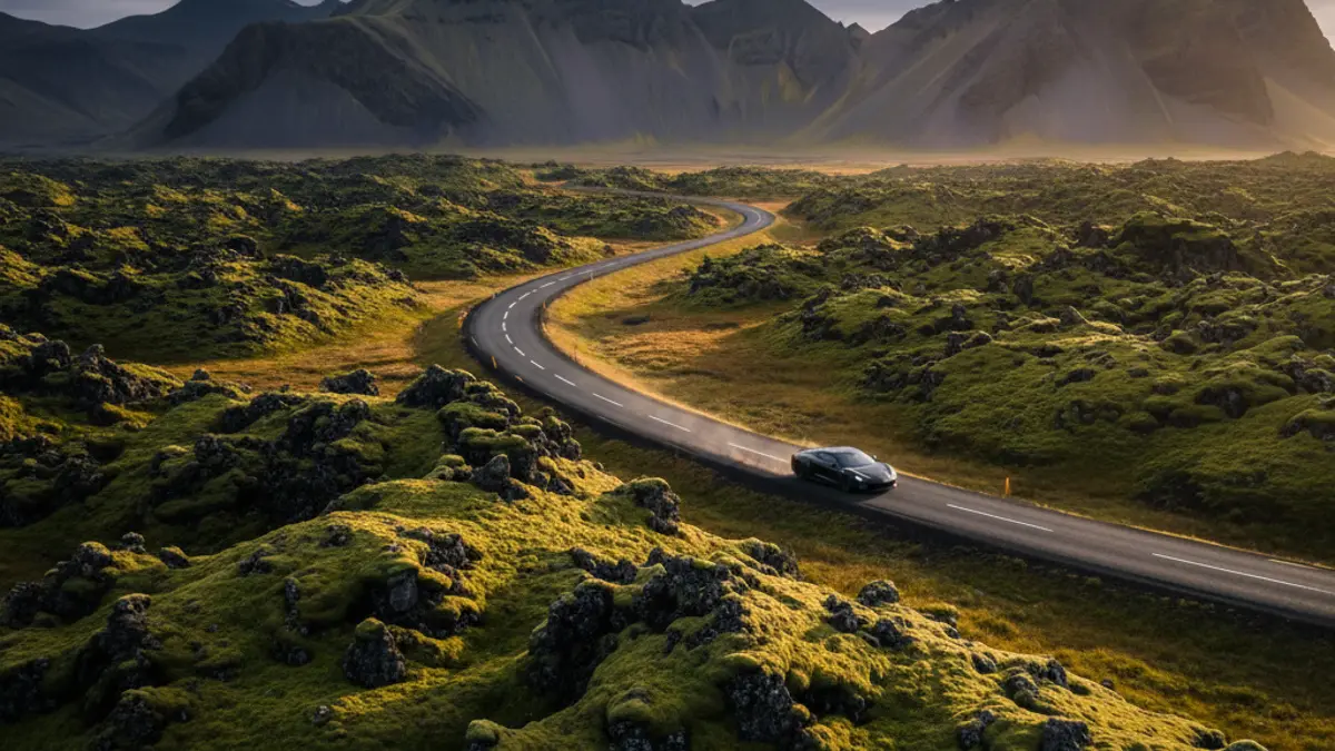 Ein Auto fährt auf der isländischen Ringstraße durch eine weite, grüne Vulkanlandschaft mit Bergen am Horizont bei Sonnenuntergang.