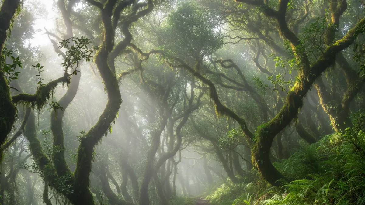 Ein schmaler Wanderweg schlängelt sich durch den nebligen, moosbewachsenen Lorbeerwald im Anaga-Gebirge auf Teneriffa im Winter.