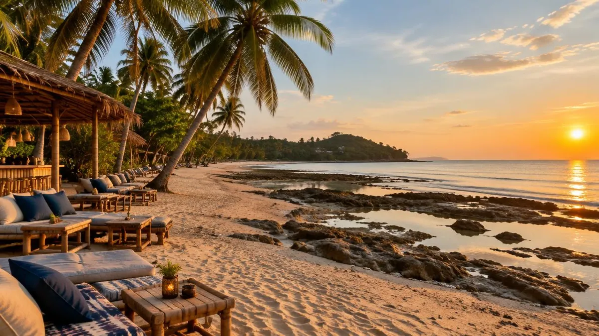 Spektakulärer Sonnenuntergang über dem felsigen Klong Khong Beach auf Koh Lanta mit Silhouetten von Palmen