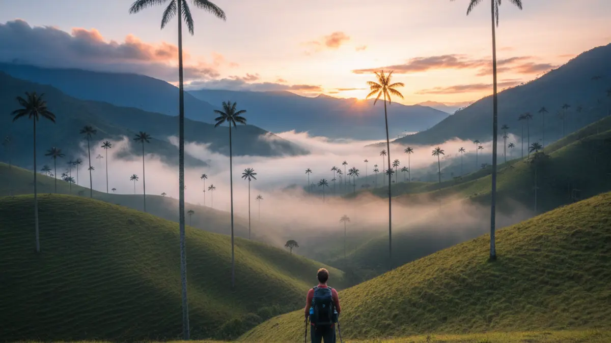 Wanderer im Cocora-Tal bei Salento, Kolumbien, mit den berühmten, riesigen Wachspalmen, die aus dem nebligen grünen Tal aufragen.