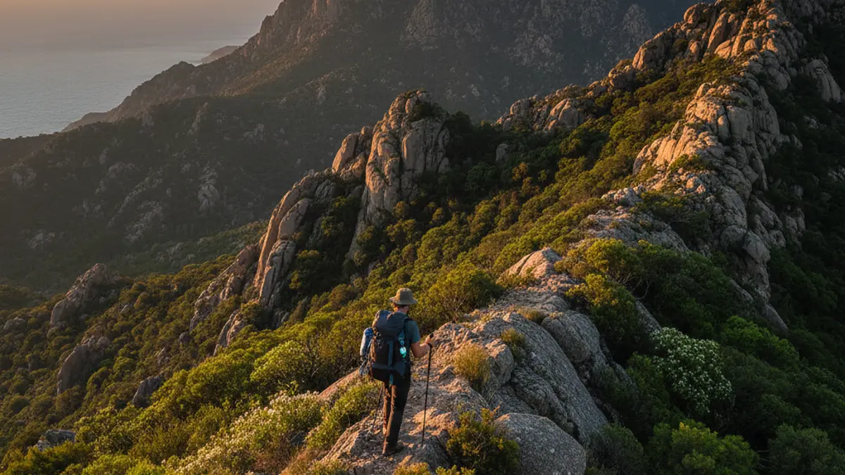 Wanderer auf einem schmalen Bergpfad des GR20 auf Korsika, mit Blick auf das zerklüftete Gebirge und das weit entfernte Mittelmeer.