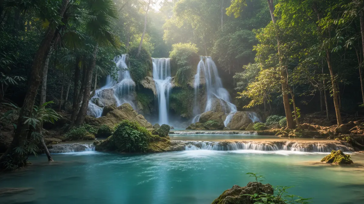 Die türkisfarbenen Kaskaden des Kuang Si Wasserfalls in Laos, umgeben von dichtem, grünem Dschungel in einer mystischen Morgenstimmung.