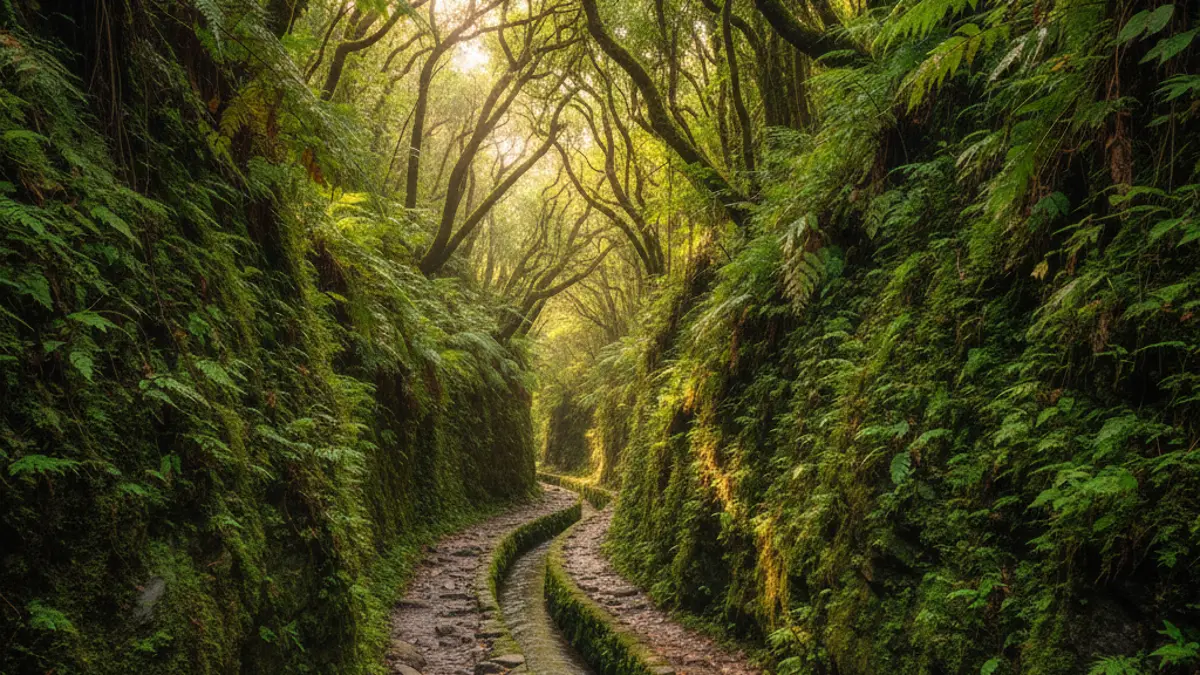 Ein schmaler Wanderpfad führt entlang einer Levada durch den üppig grünen, moosbewachsenen Lorbeerwald auf Madeira.