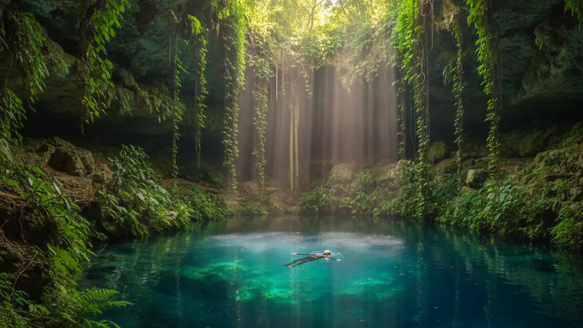 Ein Reisender schwimmt allein im kristallklaren, türkisen Wasser einer von üppiger Vegetation umgebenen Cenote auf der Halbinsel Yucatán in Mexiko.