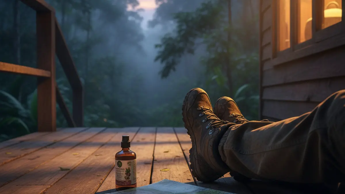 Effektiver Mückenschutz in den Tropen: Repellent und imprägnierte Kleidung vor der Kulisse einer Dschungellodge in der Dämmerung.