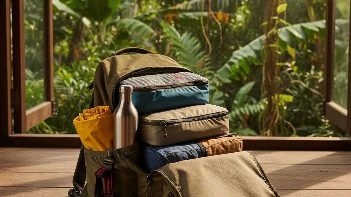 Ein geöffneter Rucksack liegt auf einem Holzboden und ist mit Packwürfeln, Kleidung und Ausrüstung für eine Fernreise gefüllt.