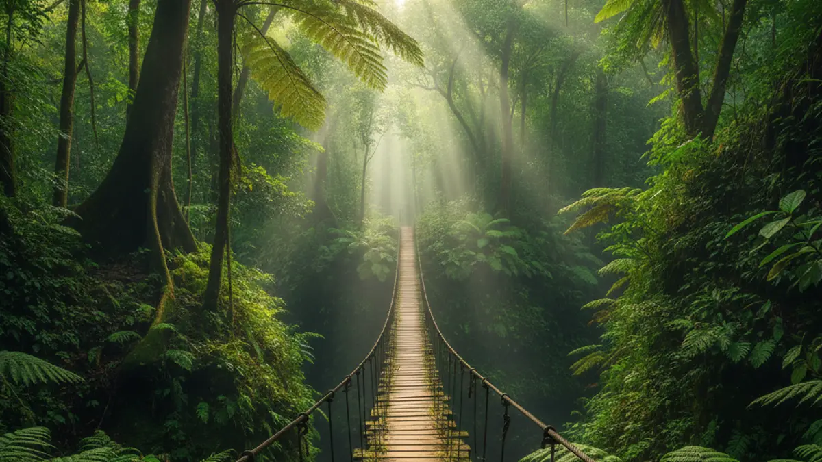 Hängebrücke im nebligen Bergregenwald von Panama, umgeben von üppiger grüner Vegetation und durchscheinenden Sonnenstrahlen.