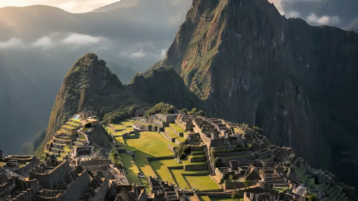 Die Ruinenstadt Machu Picchu im Sonnenaufgang, umgeben von nebelverhangenen, grünen Anden-Gipfeln aus der Vogelperspektive