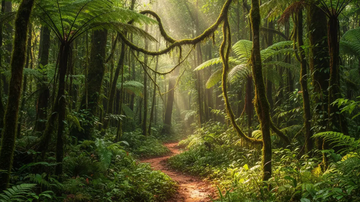 Ein schmaler, matschiger Pfad führt tief in einen dichten, von Sonnenstrahlen durchfluteten Regenwald mit üppig grüner Vegetation und Lianen.