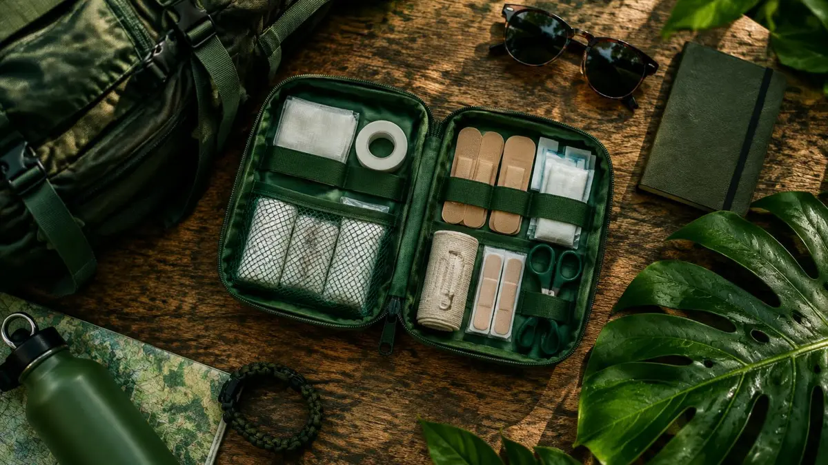 Eine gut sortierte Reiseapotheke als Flat Lay mit Pflastern, Desinfektionsmittel, Fieberthermometer und einer Landkarte für eine Fernreise.