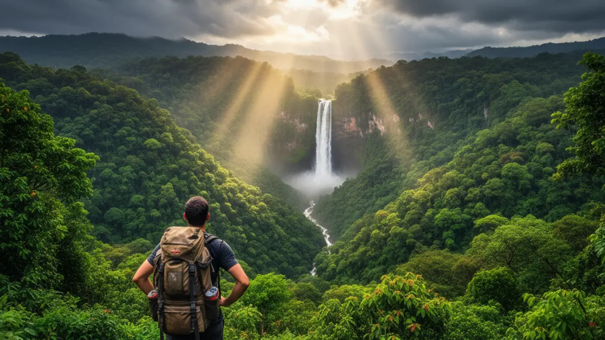 Abenteuerreisender blickt über ein nebliges, sattes grünes Dschungeltal mit einem Wasserfall während der Regenzeit in den Tropen.