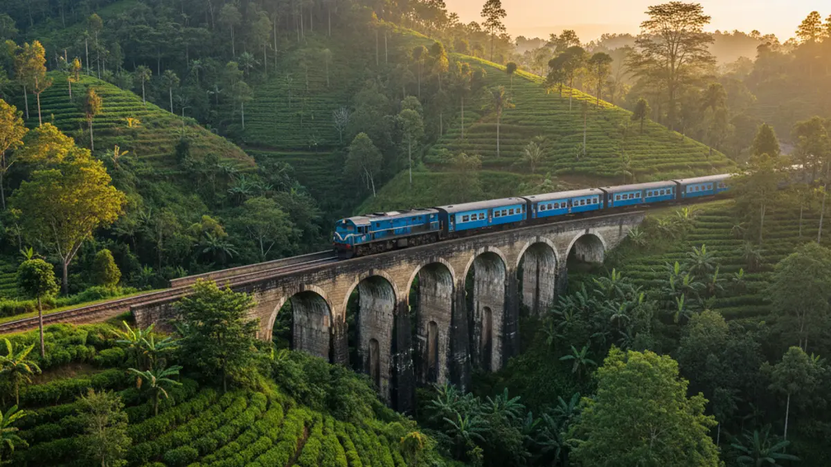 Die berühmte blaue Eisenbahn auf Sri Lanka fährt über die von sattgrünem Dschungel und Teeplantagen umgebene Nine Arches Bridge bei Ella.