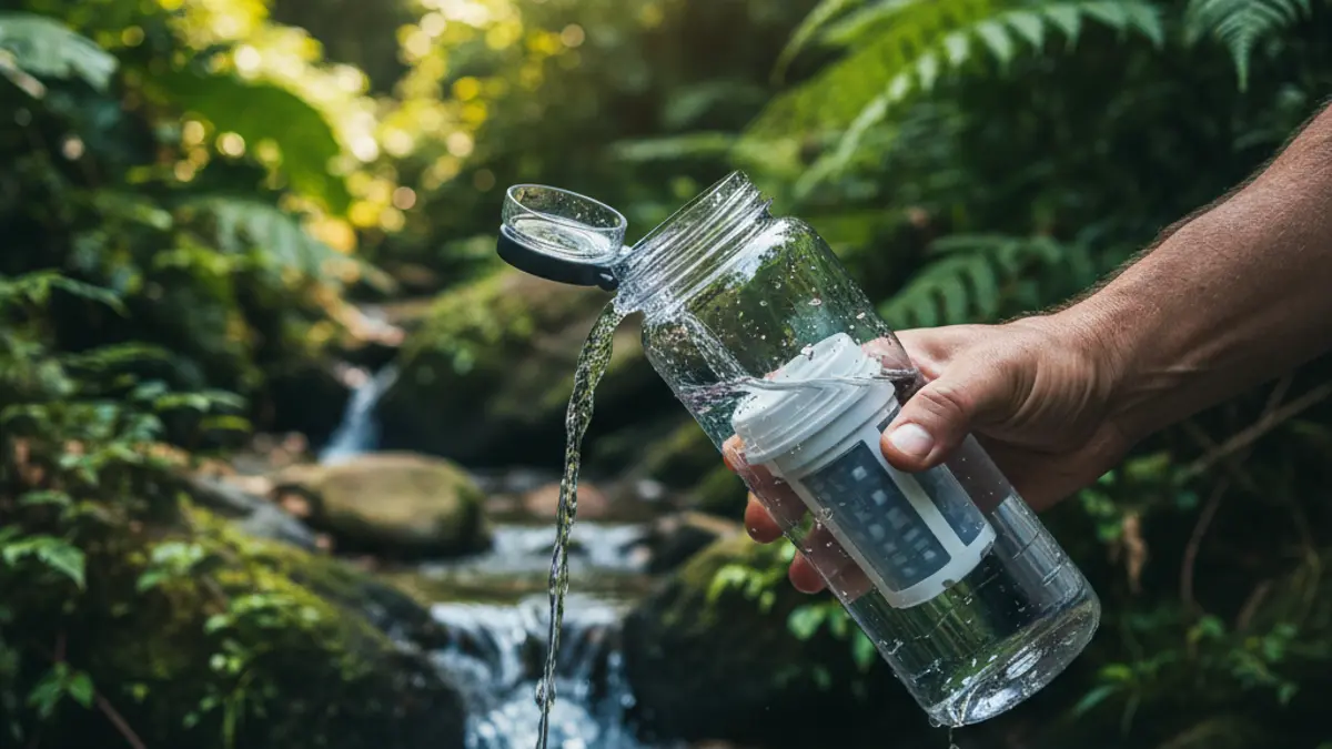 Eine Person füllt auf einer Dschungeltour eine Wasserfilter-Flasche mit Wasser aus einem Bach, umgeben von tropischem Regenwald.