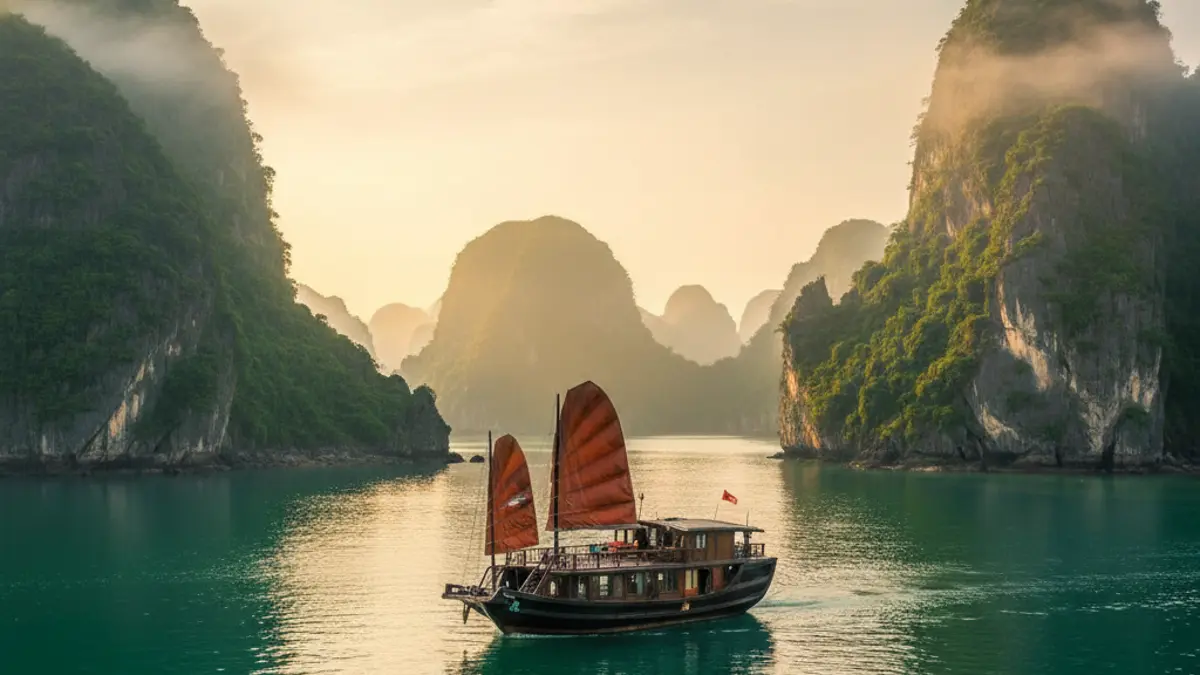 Traditionelle Holzdschunke bei Sonnenaufgang in der Halong-Bucht in Vietnam, umgeben von hoch aufragenden, bewachsenen Kalksteinfelsen.